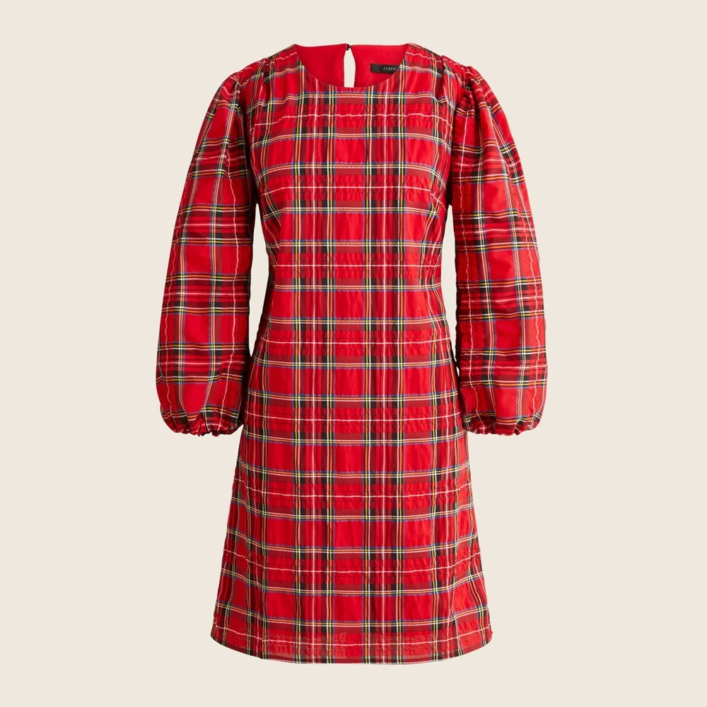 NEW J. Crew Puff Long Sleeve Mini Dress Good Tidings Plaid Red 3X NWT